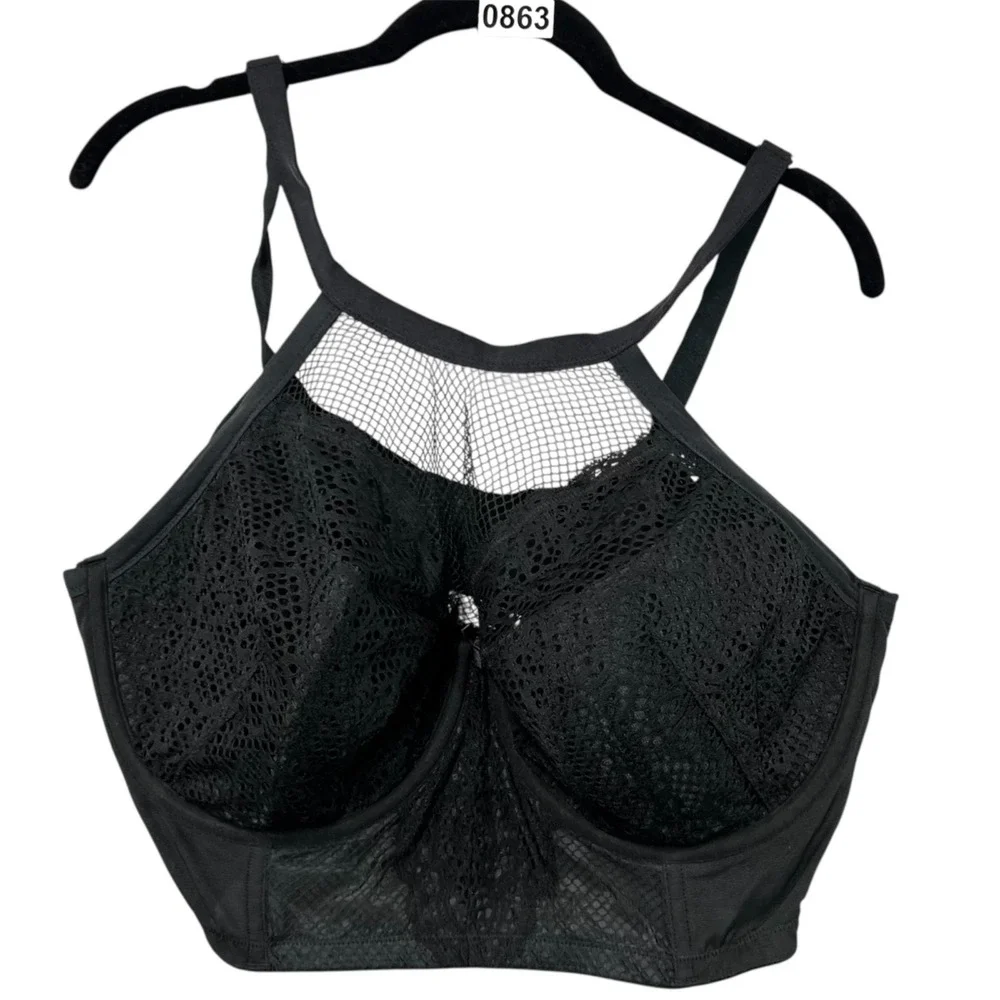 Cacique Bra 42DDD Lightly Lined French Balconette‎ Black Underwire Mesh Romantic